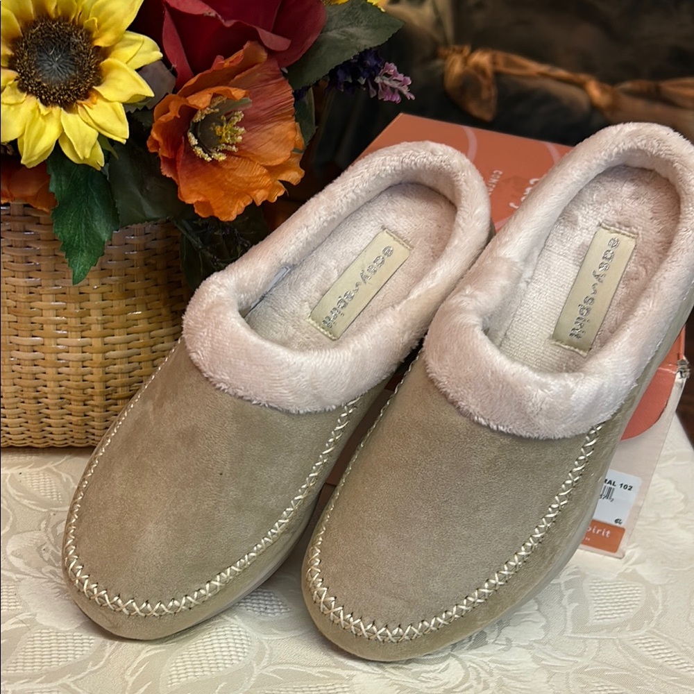 Easy Spirit Tan Suede Slippers with Plush Lining